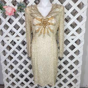 Stunning Vintage Black Tie Cream, Silver and Gold Sequin Open Back Dress Size 8
